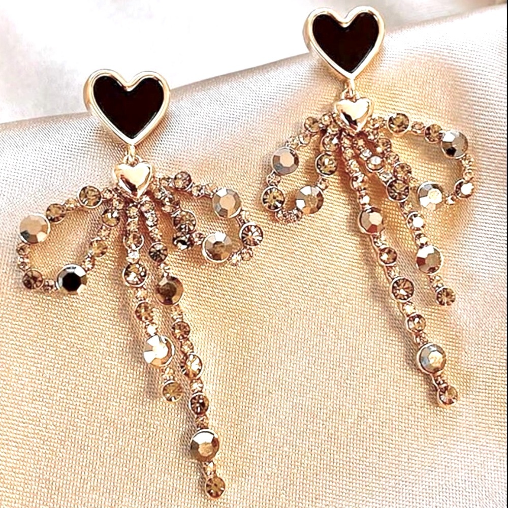 Crystal Bow and Heart Earrings